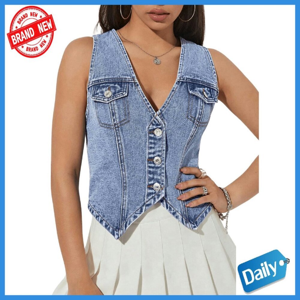 Women's Denim Vest Sleeveless Crop Top Button Front Flap Pocket